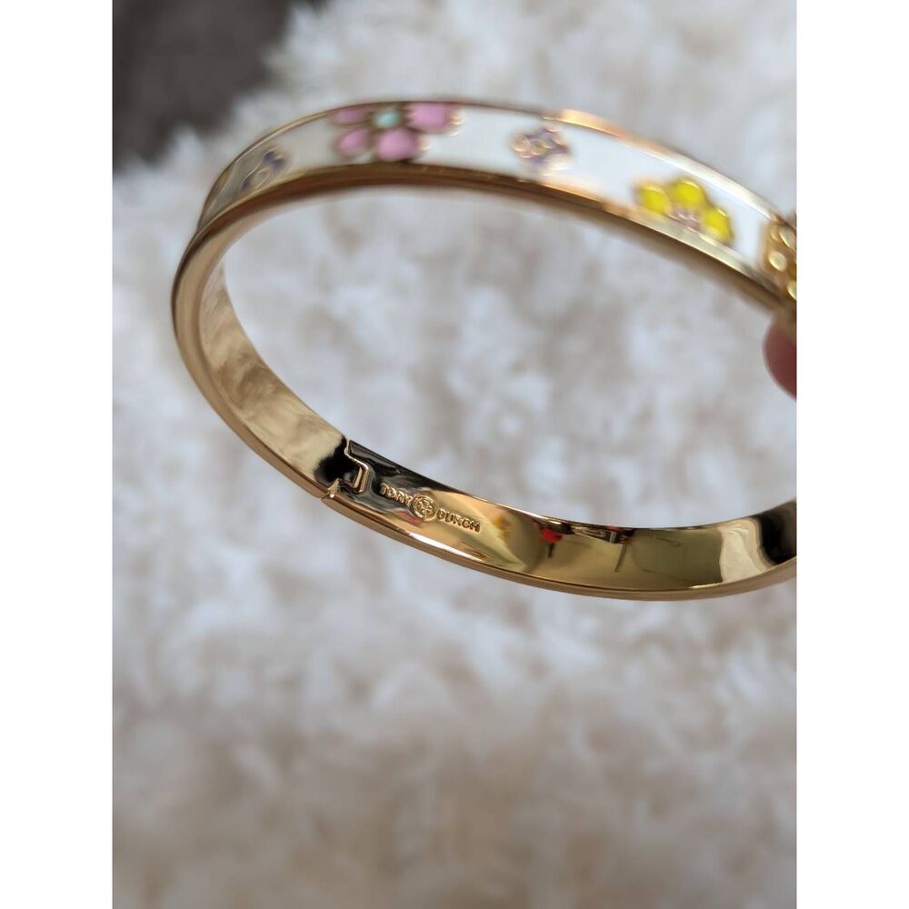 TORY BURCH Kira Flower Enamel Double T Logo Gold Bangle Bracelet - Picture 7 of 7